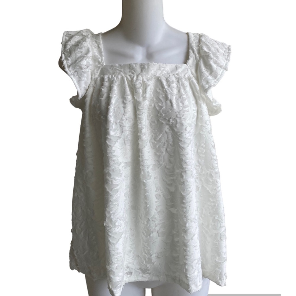 LC Lauren Conrad Sleeveless Ruffle Top Textured Lined Ivory Tusk Medium NWT
